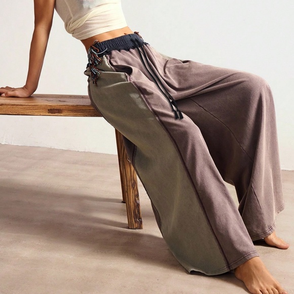 Solid Color Block Stretchy Waist Wide leg Lounge Pants - Picture 4 of 10